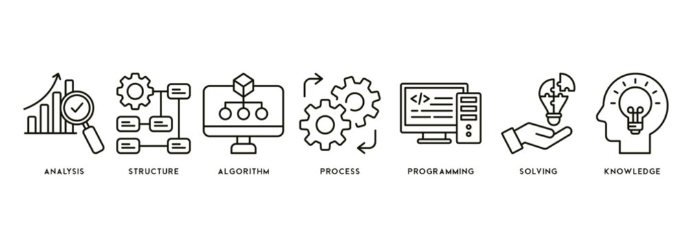 Banner Data science concept with English keywords and icon of analysis, structure, algorithm, process, programming, solving and knowledge