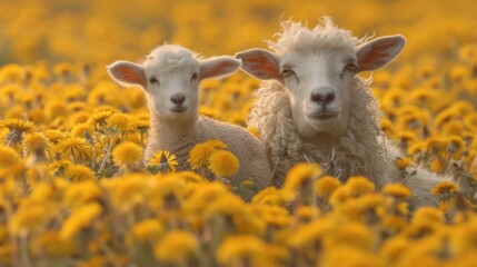 Naklejka premium Mother and baby cute Goat standing among dandelion flowers