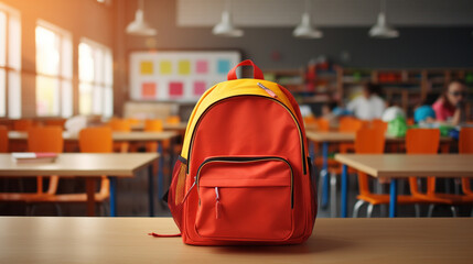 School backpack with stationery on table in classroom  - obrazy, fototapety, plakaty