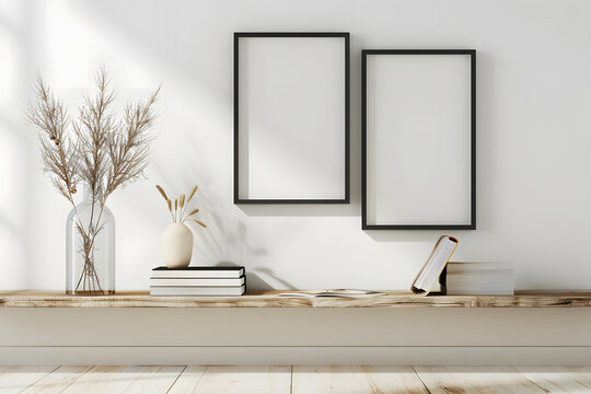Three black frame standing on rustic wooden shelf, pastel colored books, dried plant into a glass jug on floor, in bright interior living-room.3d render