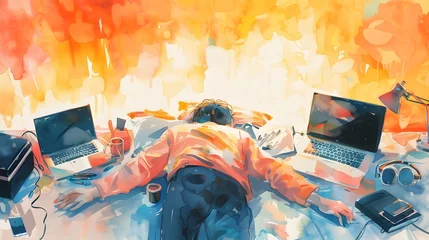 Fotobehang Sleeping Man Surrounded by Laptops in Vibrant Watercolor Landscape © vanilnilnilla