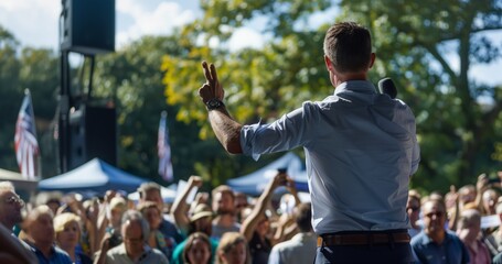 Male politician giving a speech to his followers during an outdoors political rally