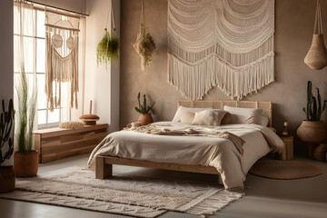 Bedroom with macrame wall art and wallpaper in white and beige tones. rugs, wooden furnishings, and a double bed. Interior design by Japandi