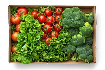 Open cardboard box inside containing tomatoes, broccoli and lettuce isolated on a white transparent background. Top view.