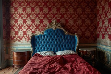 Interior of a classic bedroom with blue royal bed and red wallpaper