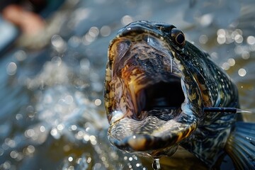 Snakehead fish bites the artificial bait of an angler standing on a bass boat.  - obrazy, fototapety, plakaty