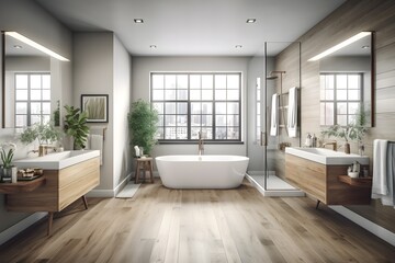 Interior of a white loft bathroom with a hardwood floor, white tub, shower, and two sinks with mirrors above them