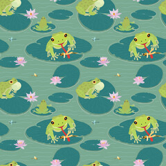 Frog on a lily pad seamless pattern