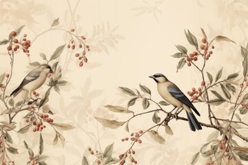 Vintage photo wallpaper with branches and birds on Beige background