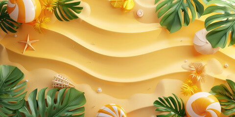 Naklejka premium Top view 3D cartoon beach background, Summer holiday vacation concept