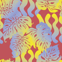 Monstera leaves decorative seamless vector pattern for textile design, fabric print, digital or wrapping paper, wallpaper, background and backdrop, decoration. Tropical summer holiday theme.