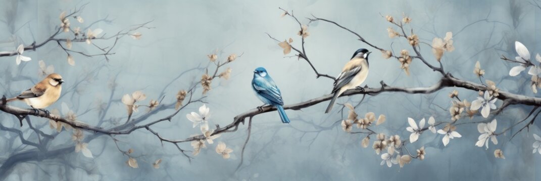 Vintage photo wallpaper with branches and birds on Blue background