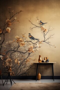 Vintage photo wallpaper with branches and birds on Brown background