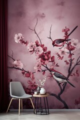 Vintage photo wallpaper with branches and birds on Burgundy background
