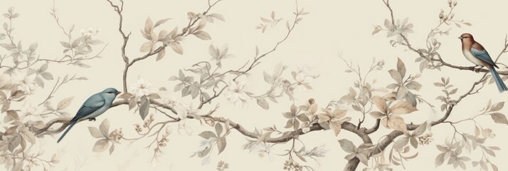 Vintage photo wallpaper with branches and birds on Ivory background - obrazy, fototapety, plakaty