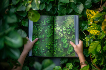 Hands hold open a book with vibrant green foliage imagery, blending seamlessly into the surrounding lush environment, illustrating the story of nature's beauty.