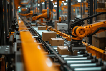 An industrial robot arm efficiently handles packaging tasks within a warehouse, representing the fusion of technology and logistics in modern supply chain management. - obrazy, fototapety, plakaty