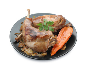 Tasty cooked rabbit meat with vegetables and parsley isolated on white