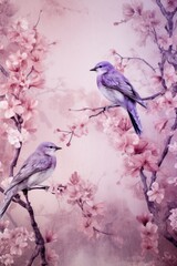 Vintage photo wallpaper with branches and birds on Lilac background