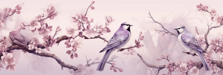 Foto op Canvas Vintage photo wallpaper with branches and birds on Lilac background © Celina