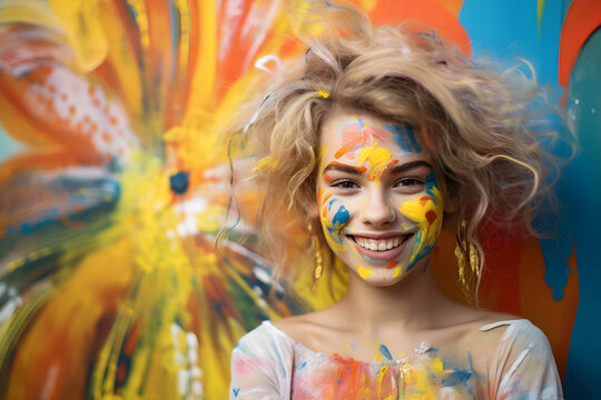 Girl funny and happy with painting