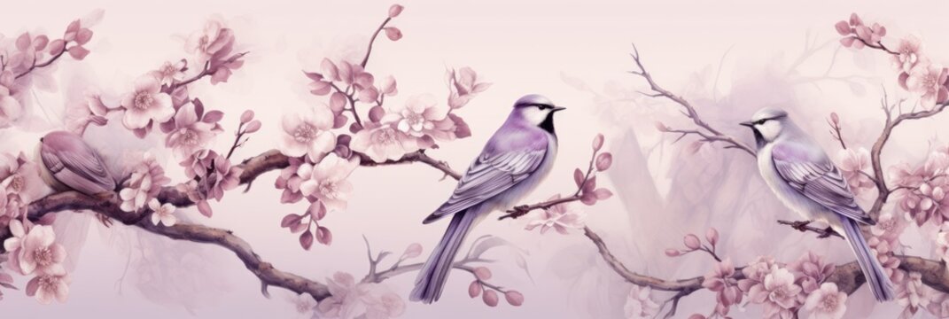 Vintage photo wallpaper with branches and birds on Lilac background