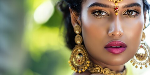 Portrait of a young Indian woman with ornate jewelry adorning her face, showcasing the timeless allure of traditional Indian aesthetics