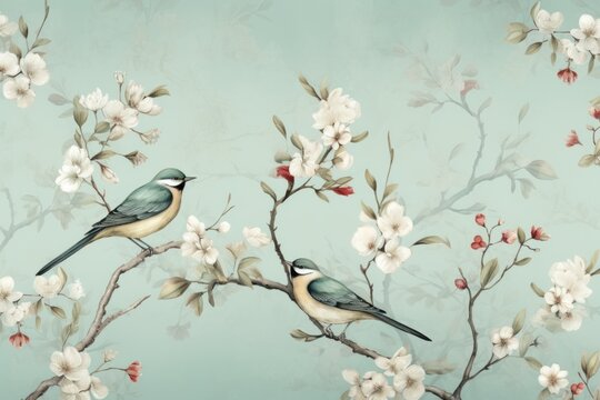 Vintage photo wallpaper with branches and birds on Mint background
