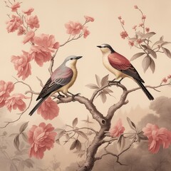 Vintage photo wallpaper with branches and birds on Pink background