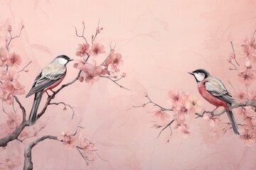 Vintage photo wallpaper with branches and birds on Pink background