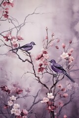 Vintage photo wallpaper with branches and birds on Purple background
