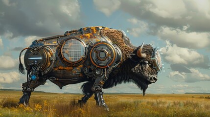 Mechanical bison with solar powered hides roaming the grounds of an eco conscious billionaires ranch - obrazy, fototapety, plakaty