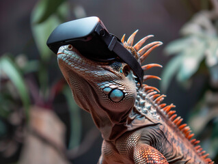 Iguana Experiencing Virtual Reality With Wearable Headset