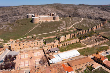 Aerial photo of fortified structure, Berlanga de Duero castle in Castile and Leon, Spain. - obrazy, fototapety, plakaty
