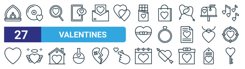 set of 27 outline web valentines icons such as diamond ring, cd, search, handbag, diamond, wings, calendar, key vector thin line icons for web design, mobile app. - obrazy, fototapety, plakaty