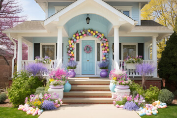 Front porch decorated for Easter with spring flowers and colored eggs, wreath on the door, pastel colors spring decorations - 742102572