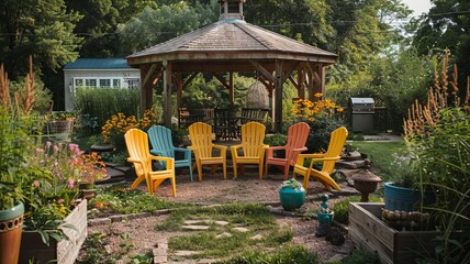 Retro Garden with Colorful Chairs and Gazebo