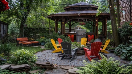 Obraz premium Retro Garden with Colorful Chairs and Gazebo