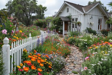 Fototapeta na wymiar Charming Cottage Garden with Colorful Flowers