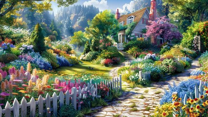 Charming Cottage Garden with Colorful Flowers