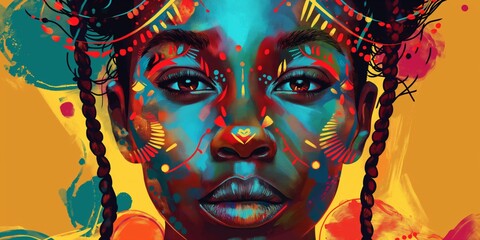 Portrait of a Black young woman with intricate braids framing her face, adorned with vibrant colors inspired by African art and culture