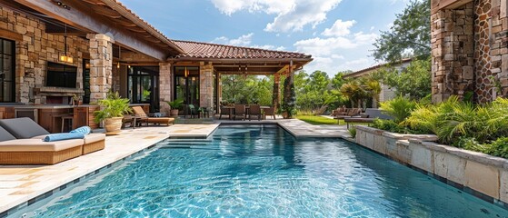 Landscaped Backyard Oasis with Pool and Kitchen

