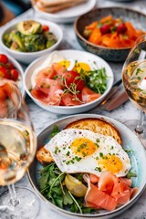 Fototapeta na wymiar Gourmet breakfast with eggs, salmon, and fresh vegetables