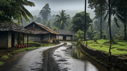 Fototapeta na wymiar Village home with rain