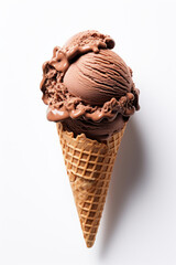 Chocolate ice cream scoop in a waffle cone on a white background overhead view - 742104756