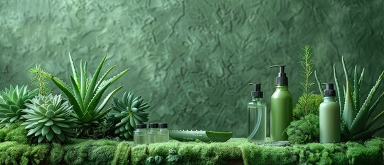 Aloe vera plants and herbal lotion bottles on mossy green felt, emphasizing natural skincare and relaxation with space for text.

 - Powered by Adobe