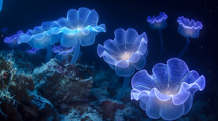 Obraz na płótnie Canvas Bioluminescent Jellyfish Illuminating the Ocean Depths