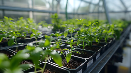 Young Plants Growing in Greenhouse Trays - obrazy, fototapety, plakaty