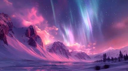 Foto op Plexiglas Mystical Aurora Over Snowy Mountainous Landscape © slonme