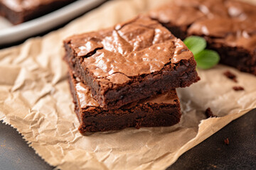 Fototapeta na wymiar Freshly baked homemade brownies stacked on parchment paper